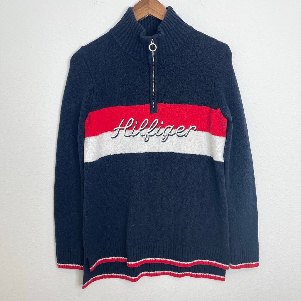 Tommy Hilfiger Quarter Zip Sweater Men’s Medium Navy Red White Logo Pullover